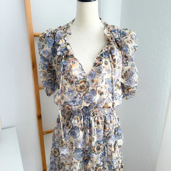 Misa Las Angles Kayla Mini Dress Sketched Floral Smocked Tie Neck - Picture 7 of 16